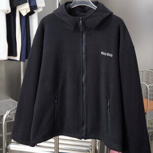 MIUMIU Solid Color Fleece Hooded Zip-Up Sweatshirt, Elastic Hem, Unisex, Navy Bl